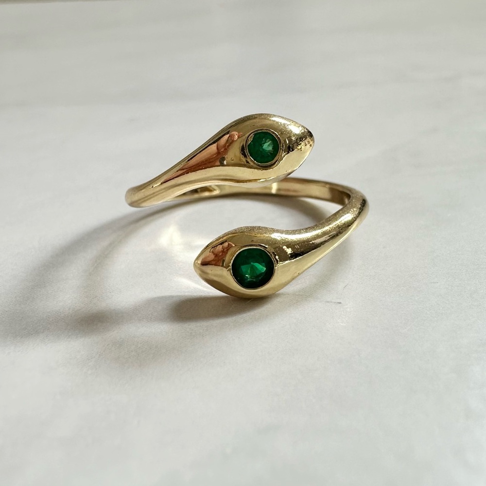 Gold Snake Ring with Green Gemstones